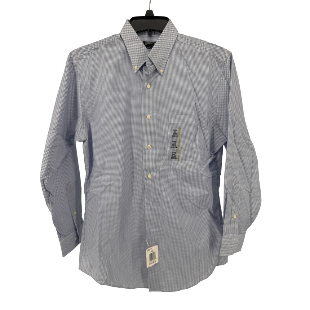 Arrow Fitted Shirt M Wrinkle Free Dress Long Sleeve Blue Gingham Check New‎